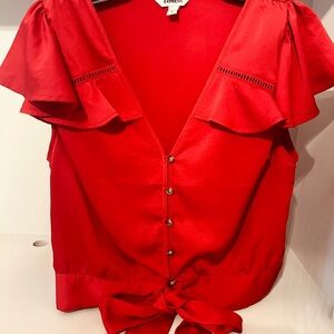 Express Red Ruffled V-Neck Top